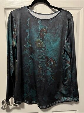 Women's Metallic Teal and Black Floral Long-Sleeve Top Vibrant Fall/Winter